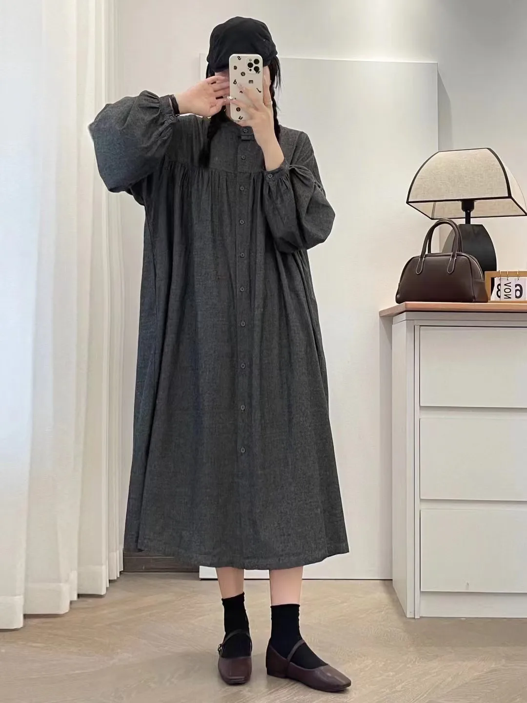일본 빈티지 모리 소녀 솔리드 컬러 싱글 브레스트 셔츠 드레스 여성 가을 ​​스탠드 칼라 긴 랜턴 슬리브 캐주얼 드레스