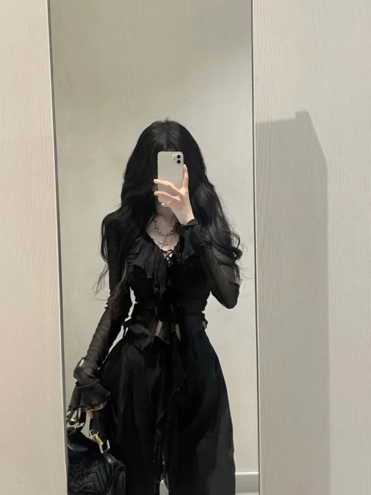 Fashion V-neck Ruffles Black Long Sleeve Cardigan Mujer+ Y2k High Waist Loose Wide Leg Pants 2024 Summer New Two Piece Sets