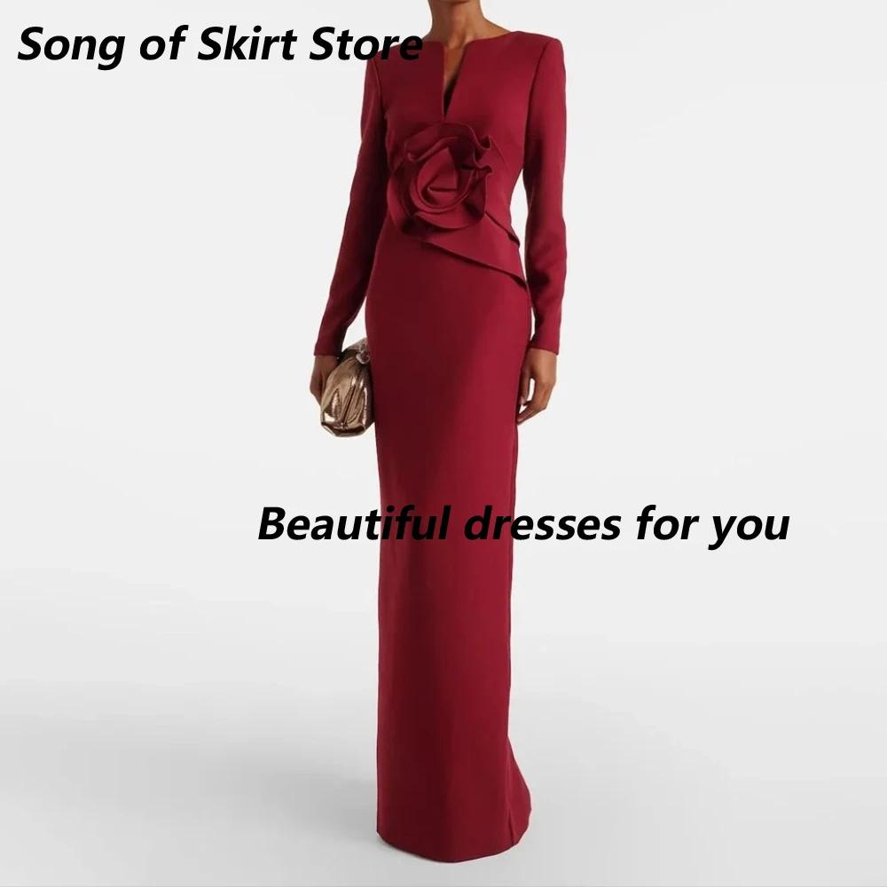 

Red Evening Dress Straight Long Sleeves V-Neck Modern Formal Party Dress Jersey Flower Elegant Prom Gowns Customized