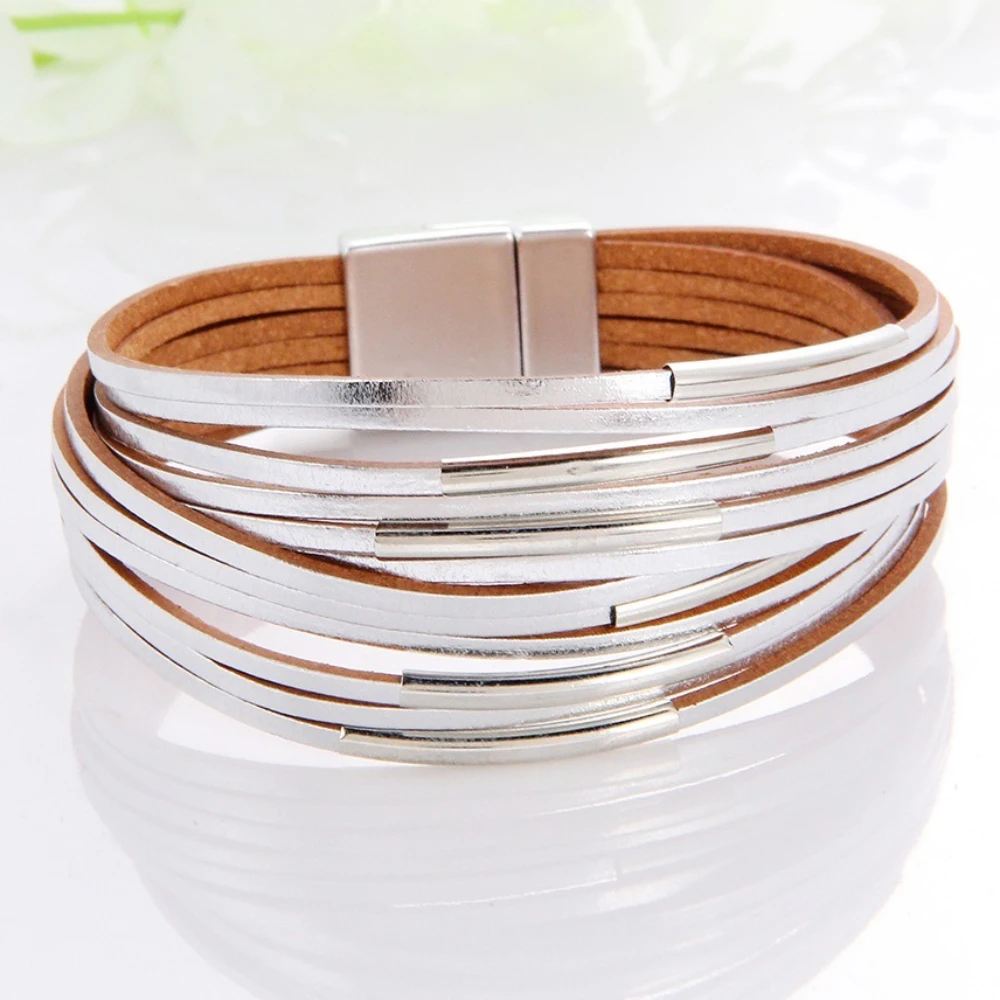 Doppelte Farbe Kreuz geschichtet feines Leder Wickelarmbänder böhmische Frauen High-End-Mode-Armband Schmuck Weihnachtsgeschenk – Detail 3