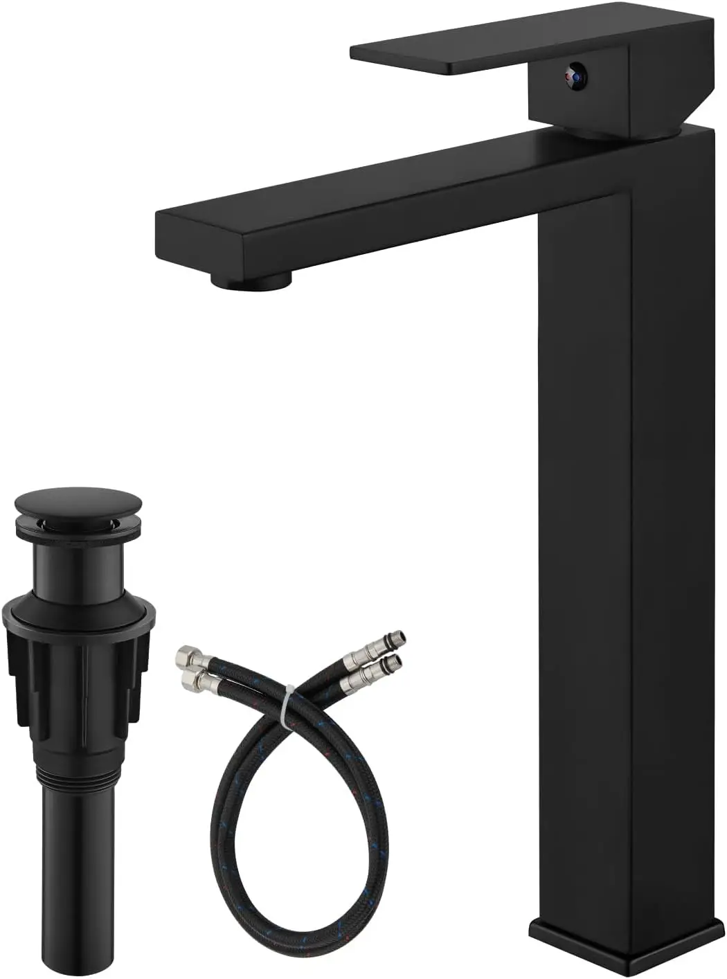 

Modern Matte Black Single Handle Vessel Sink Faucet with Pop-Up Drain and Supply Hoses