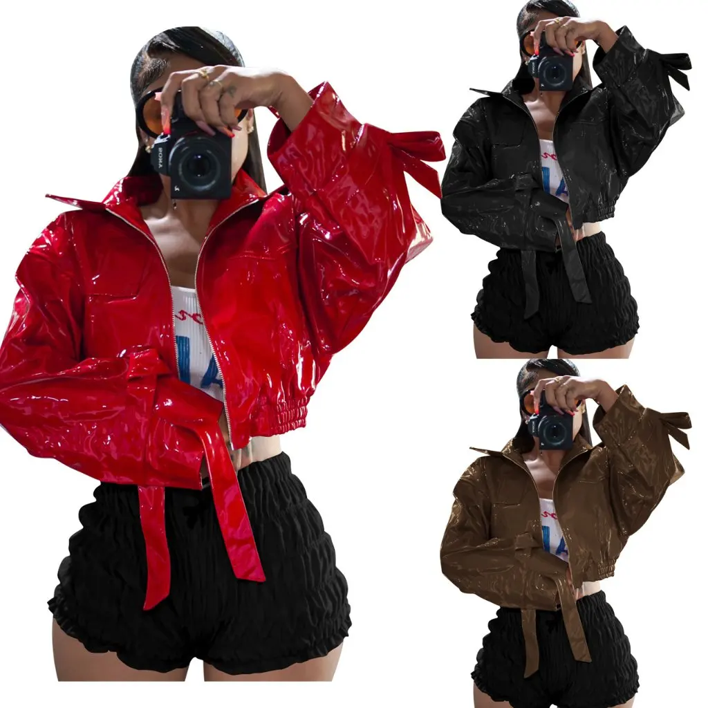 Yd8820-D6 Women's Sexy Pure Color PU Leather Jacket European And American Style Fashion New Arrival Clothing