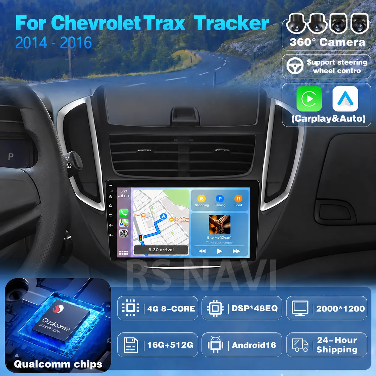 Plug and Play  Android 16 Carplay Auto Qualcomm Screen Car Radio Player For Chevrolet Trax Tracker 2014-2016 Stereo Multimedia