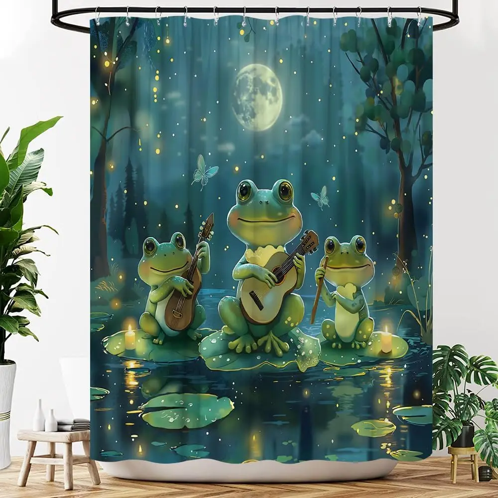 

Magical Night Frog Band Shower Curtain, Moonlit Forest with Guitar Frogs & Fireflies Waterproof Fabric Bath Curtain with Hooks
