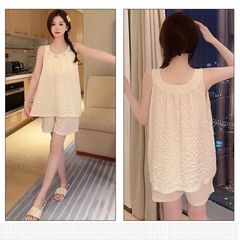 Pijama de algodón con almohadillas para el pecho para mujer, ropa de casa suave y acogedora, estilo coreano, talla grande, Verano