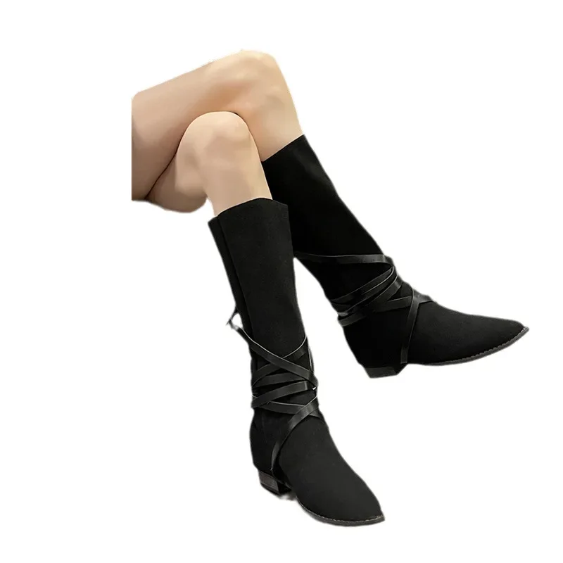 Med Heel Boots Female Shoes Boots-Women Ladies Autumn Pointy Rubber 2023 Over-the-Knee Lace-Up Pointed Toe Cross-tied PU Riding