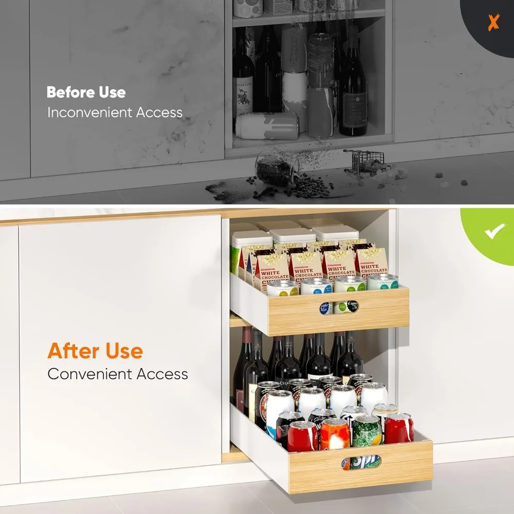 Pull Out Drawer for Cabinet,Metal Slide Out Shelf Fixed w/ Adhesive Nano Film,2 PCS Multi-Purpose Cabinet Organizer for Kitchen