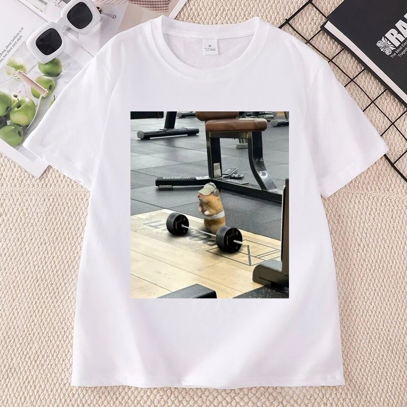 Fun Hamster Weightlifting Training T-shirt for Women's Men's Casual Y2k Short-sleeved T-shirts Streetwear Loose Cotton Tee