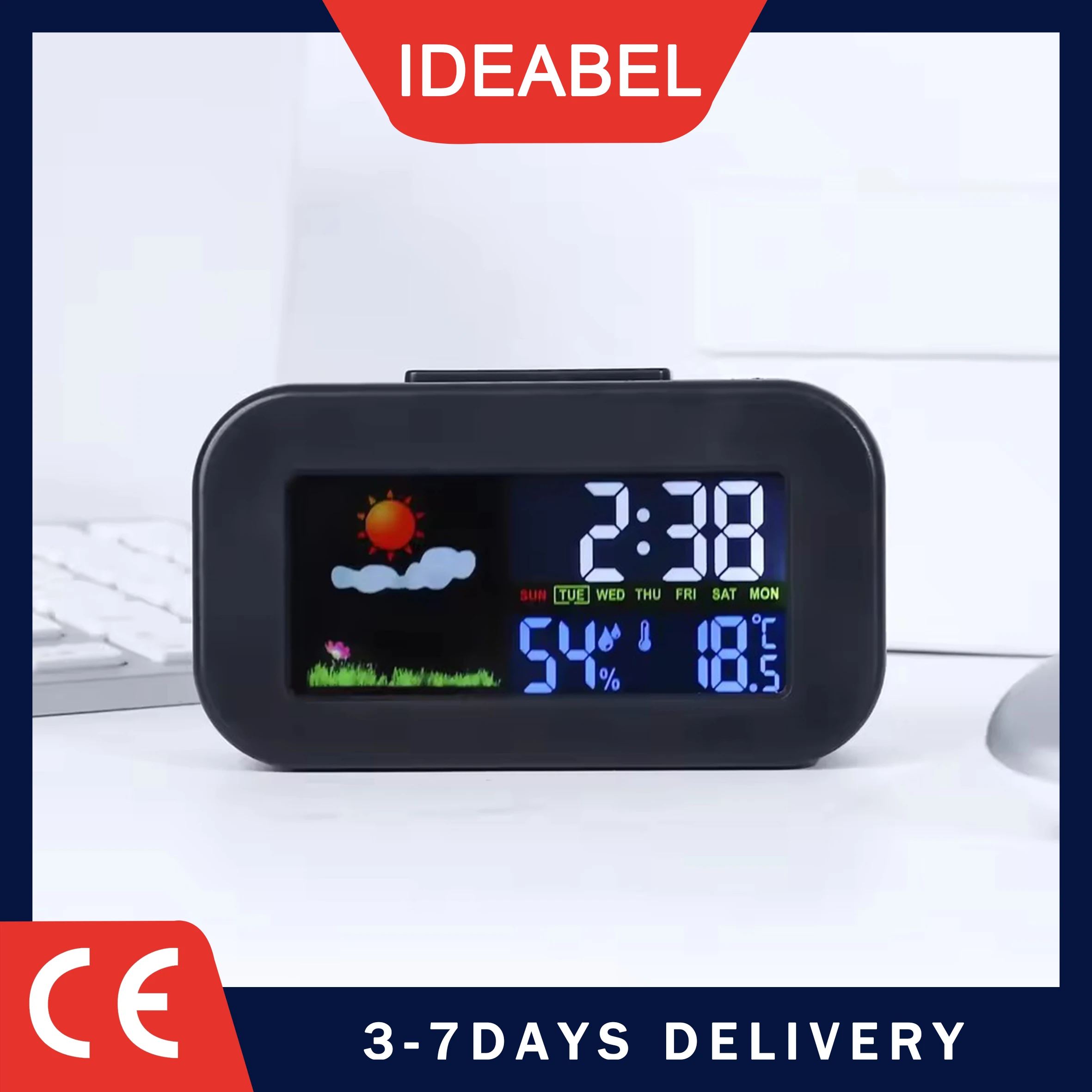 IDEABEL Weather Station Clock with Color Display - Temp & Humidity Monitor, Backlit for Kids  Perfect for Bedroom & Dorm Desk