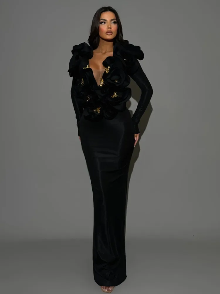 黒色の女性のセクシーな背中の開いたホルターオフショルダーボディコンロング包帯ドレス花祝うナイトクラブパーティー衣装