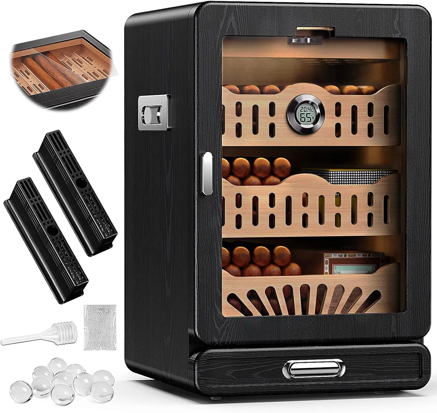 

Glass Top Cigar Humidor Cabinet with Drawer, Spanish Cedar Tray, 2 Gel Humidifiers & Digital Hygrometer for Men in Black