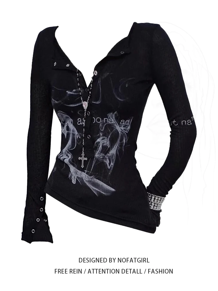 

Women Black Gothic T-shirt Harajuku Y2k Tees Top Vintage Aesthetic Long Sleeve Asymmetrical T-shirts 2000s Emo Oversize Clothes