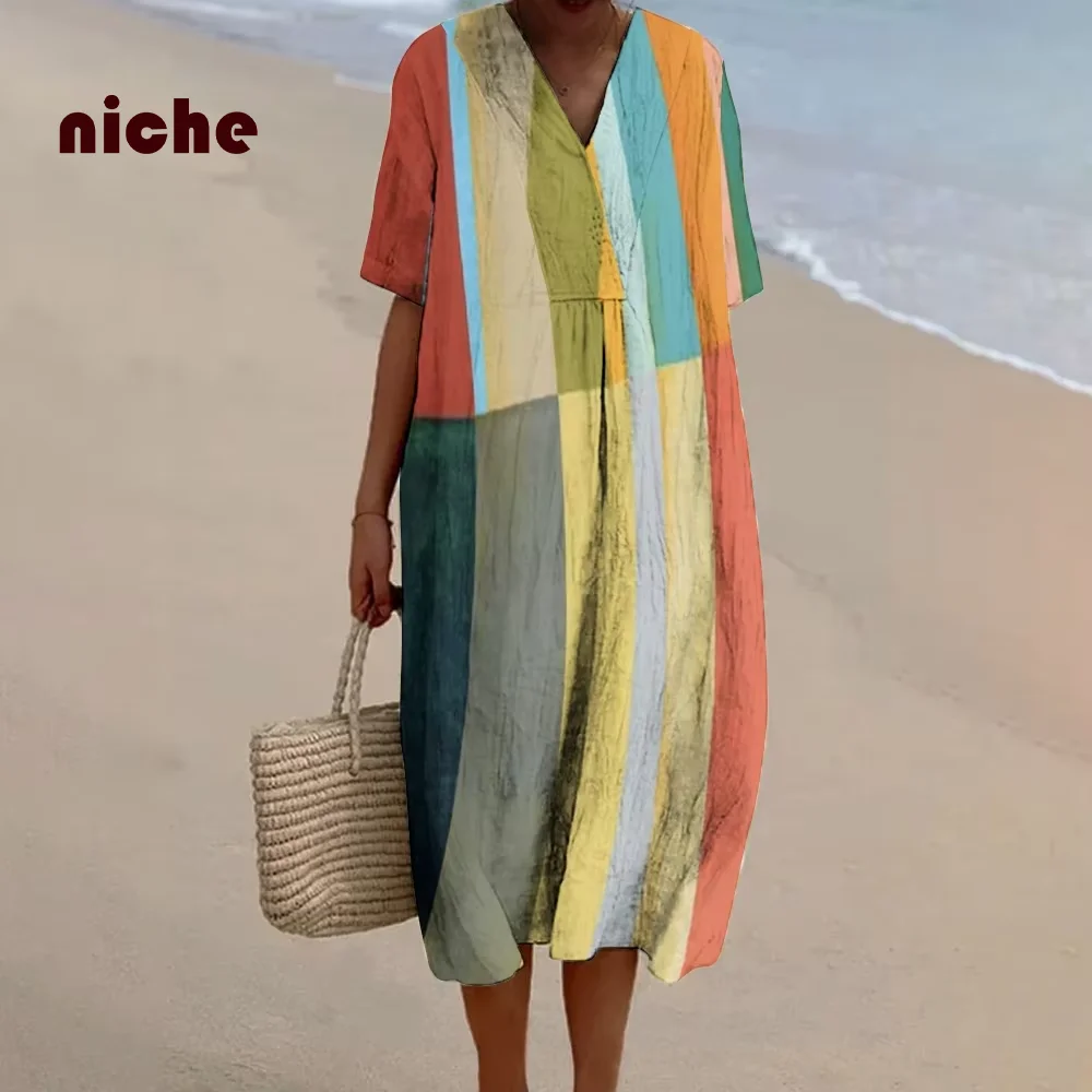 

Color Striped Graphic Print Women's Dress High Quality Cotton And Linen Soft And Comfortable Trend New Designer Beach Dress