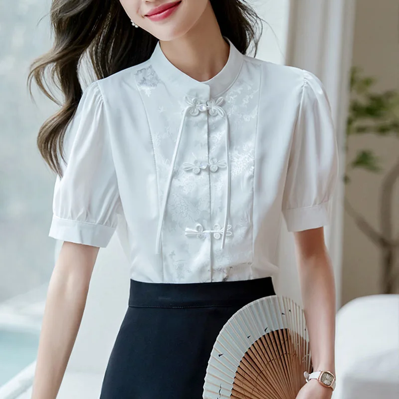

Women Shirt Blouse Summer New Stand Collar White Spliced Shirt Blouse Women Tops Short Sleeve Blouses Blusas Para Mujer Q4292