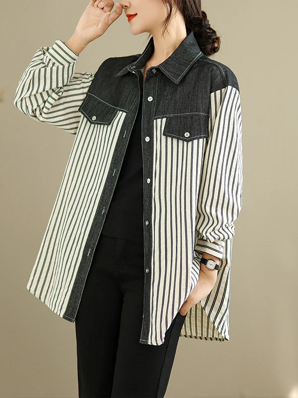

Loose Fit Long Sve Striped Denim irt Street Sle Women's Casual irt Collar Button down Regular Thin Cotton