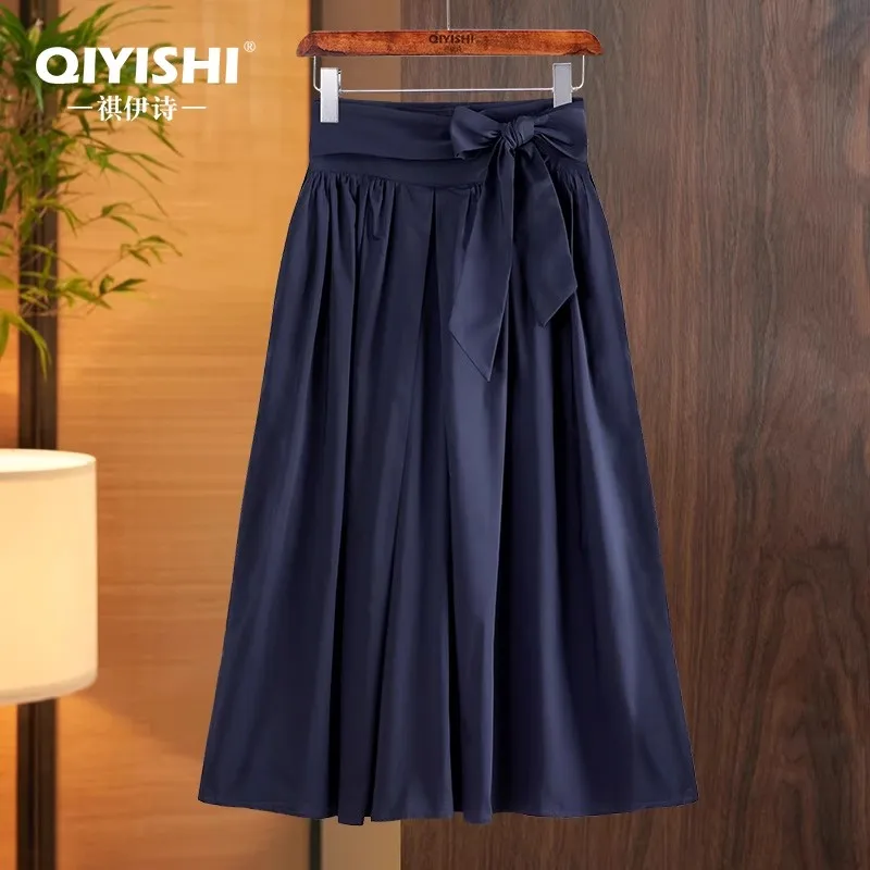 

Fashion Mid-Length Women' Cotton Skirt With Belt High Waist A-line Spring Summer Casual Skirts