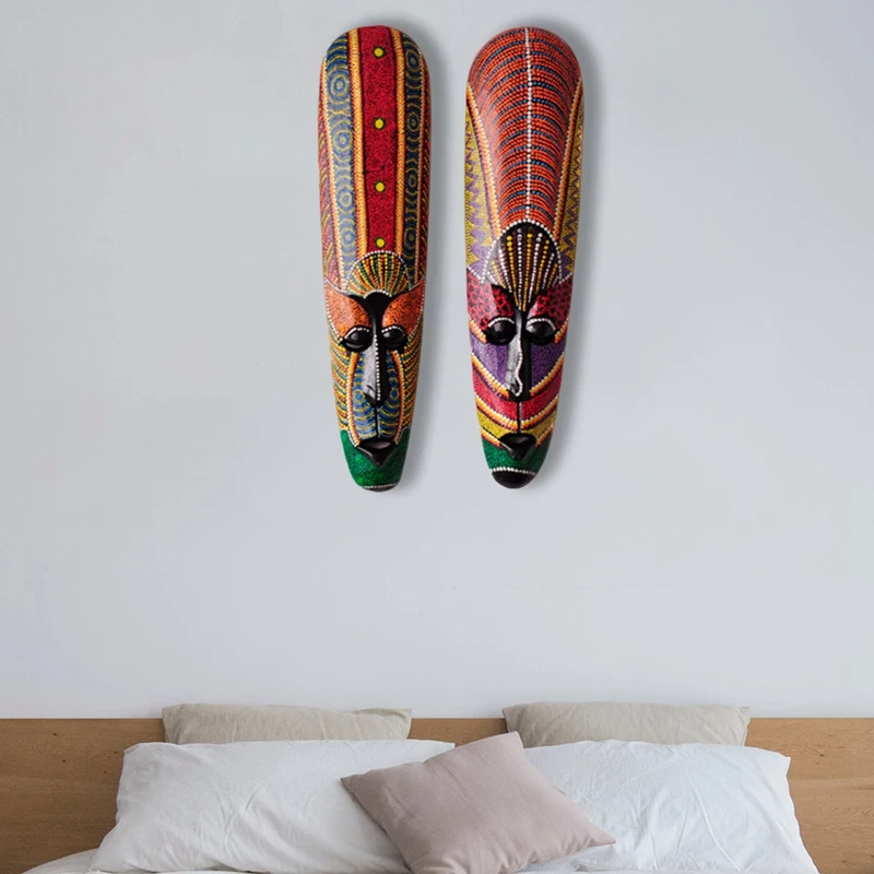Wooden Mask Wall Hanging Solid Wood Carving Painted Facebook Wall Decor Bar Home Decorations African Totem Mask Crafts