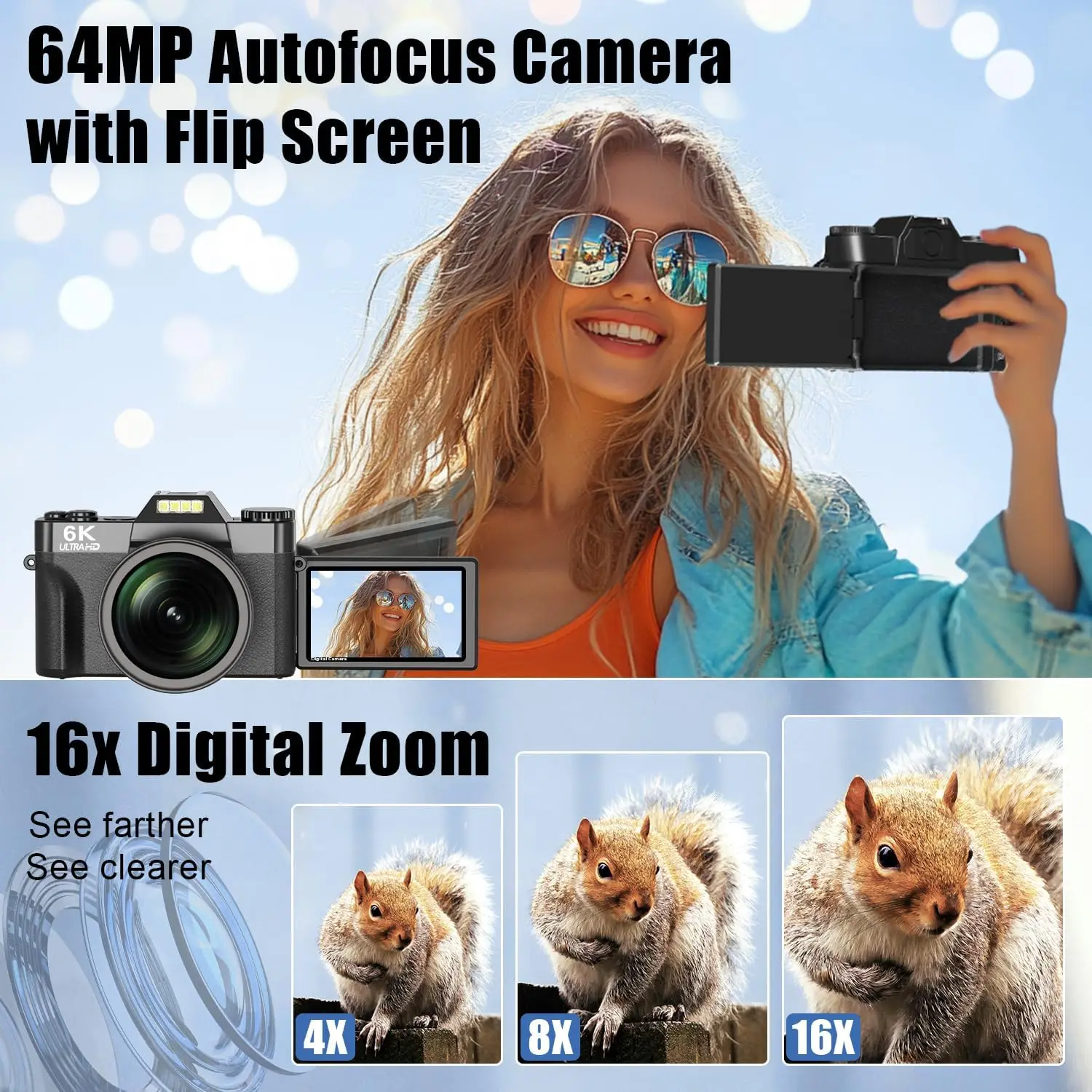 6K Digital Camera 64MP 16X Digital Zoom 3'' Flip Screen WiFi Web Camcorder Vintage Photography Compact Professional Video Camera