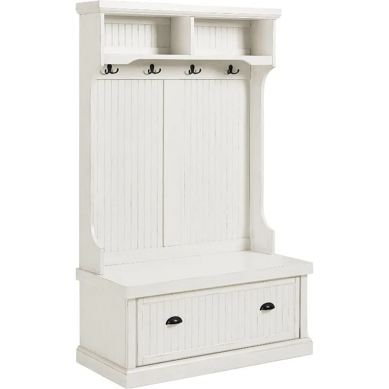 

Seaside Hall Tree, Entryway Bench with Coat Rack and Shoe Cabinet, Distressed White