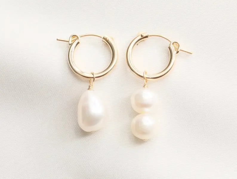 

14k Gold Filled Pearl Hoop Earrings: Asymmetrical Freshwater Baroque Pearl Drops
