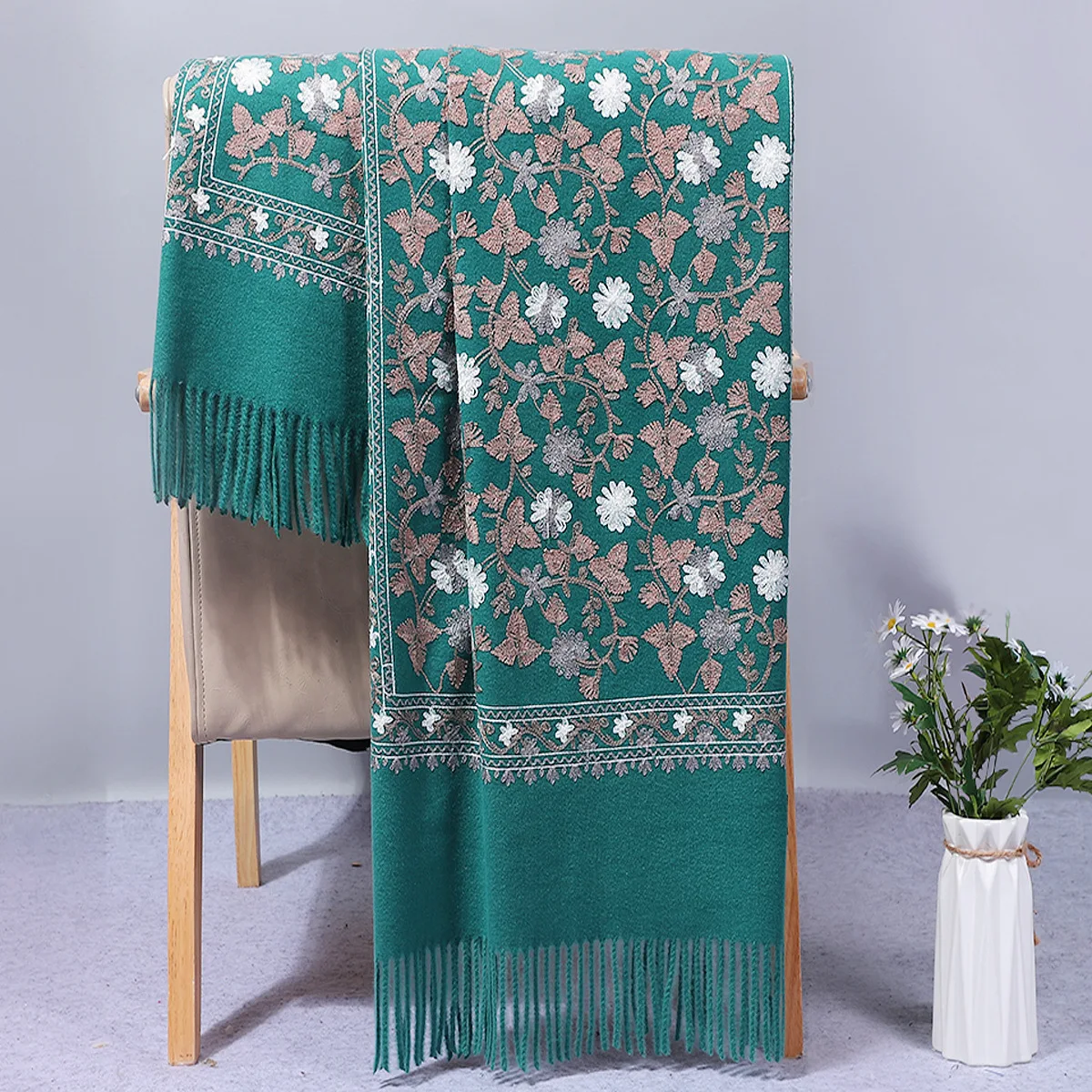 New Artificial Cashmere Shawls Scarves Women Wrap Chal Soft Embroidery Flower Pashmina Mujer Bufanda Tassels Muffler Poncho