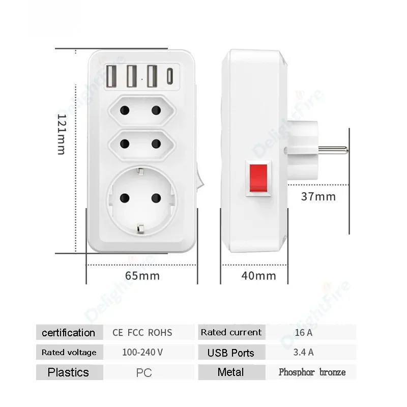 Enchufe de pared estándar de la UE con 3 salidas de CA, 3 puertos USB, 1 tipo C, Control de encendido/apagado, adaptador de enchufe, convertidor CE FCC