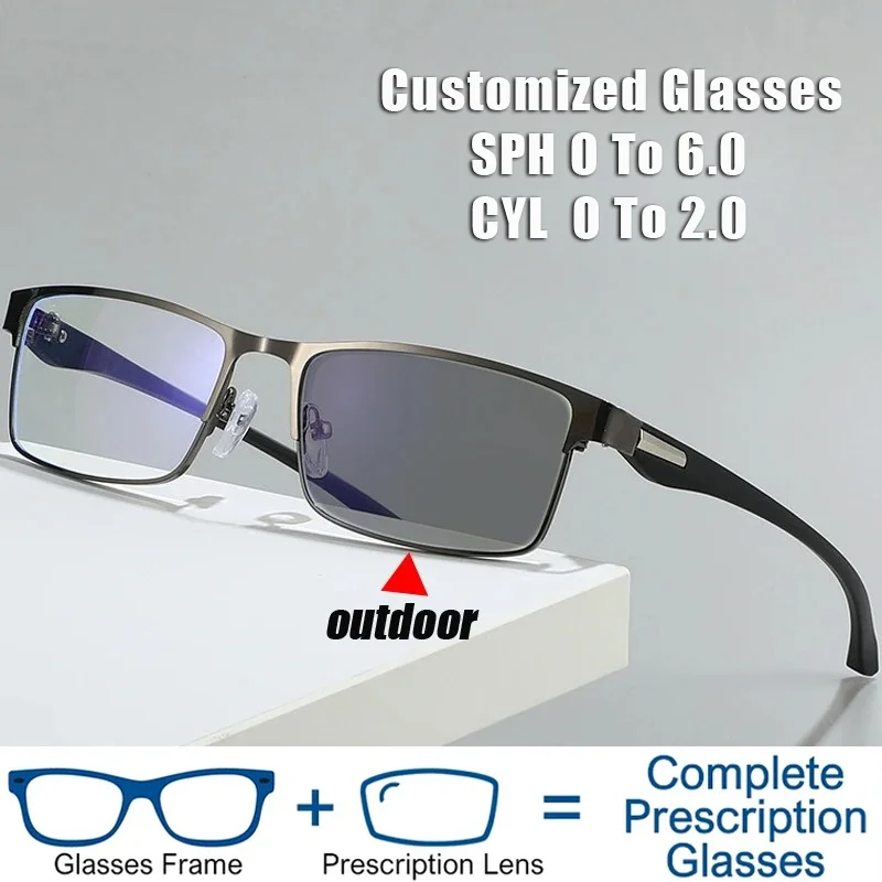 

Photochromic Prescription Glasses Stylish Custom Blue Light Blocking Glasses Men's Semi-Rimless Business Photochromic Lenses