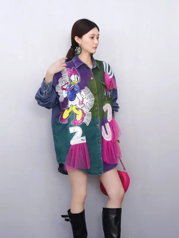 

adults fun Women's Denim Shirt Jacket Unique Design Cartoon Print Oversized Loose Casual Versatile Outerwear electric bike