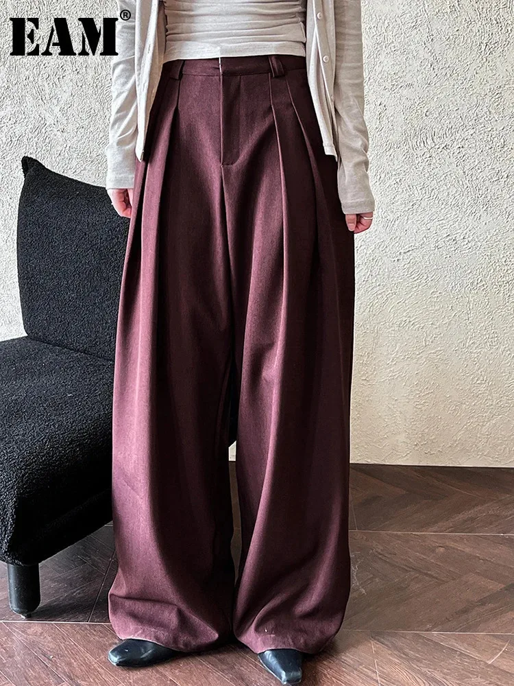 [EAM] pantalones elegantes de pierna ancha largos plisados de cintura alta color rojo vino, pantalones nuevos, moda para mujer, tendencia primavera