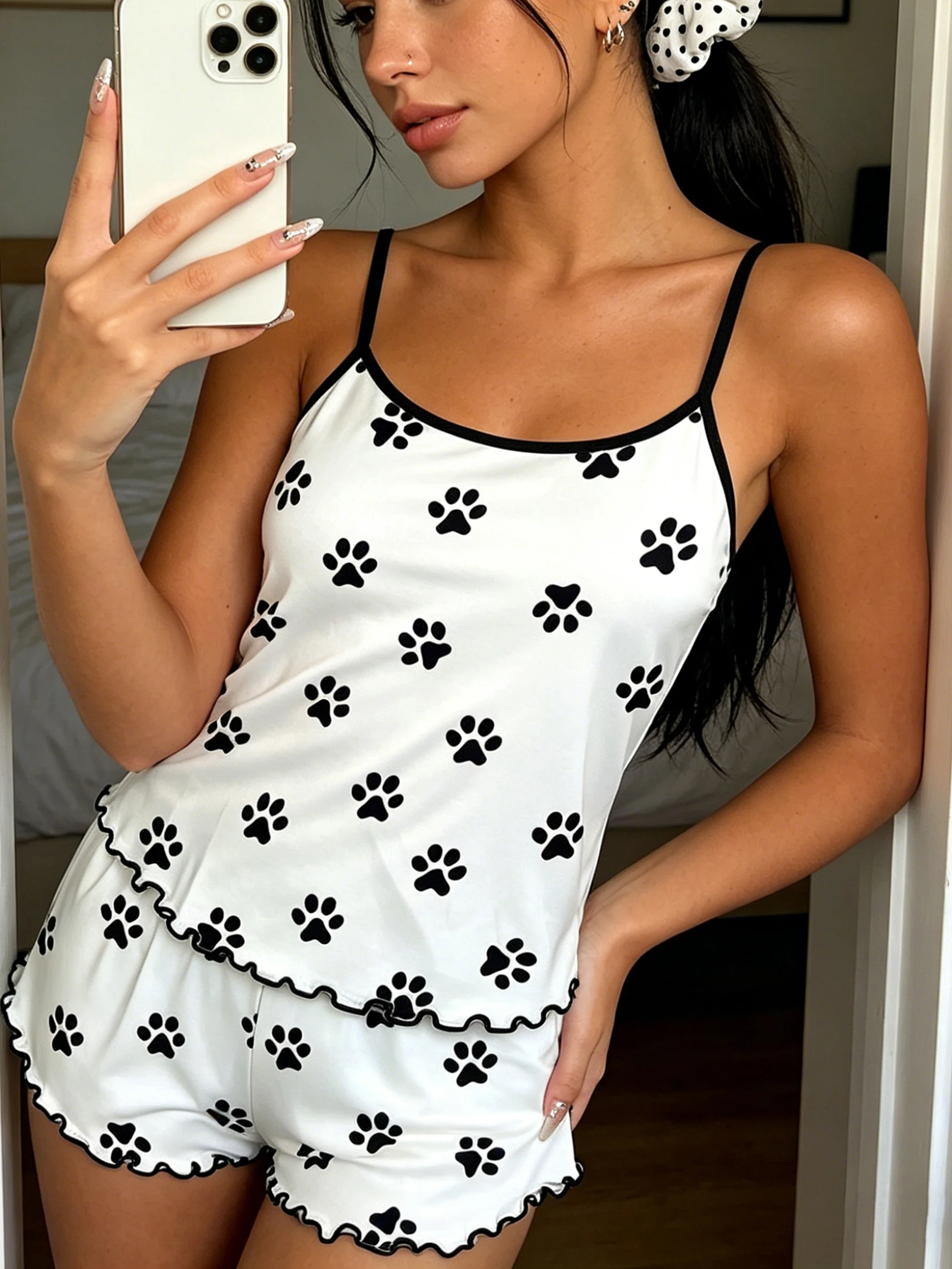 Women 2pcs Pajama Set Spaghetti Strap Ruffle Trim Round Neck Sleeveless Cami & Shorts Spring Summer Fall Cute Paw Print