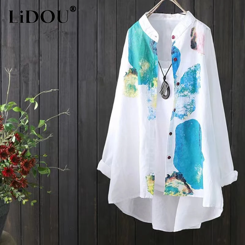 Spring Autumn New Turn-down Collar Long Sleeve Fashion Printing Shirt Women Cotton Hemp Loose Casual Mid-length All-match Tops