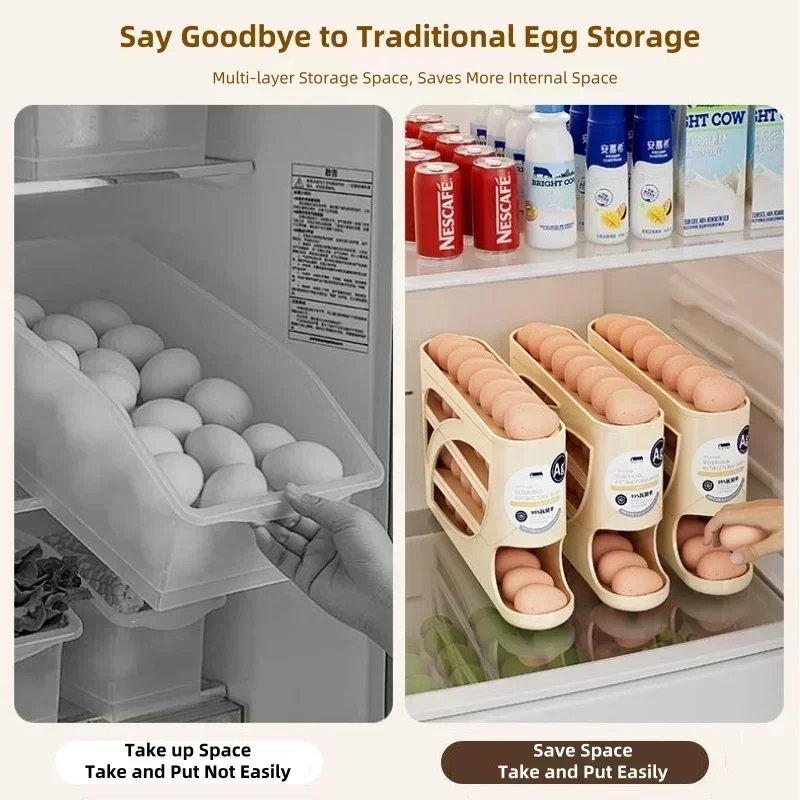 4 Tiers Egg Holder for Fridge,Auto Rolling Fridge Egg Dispenser,Egg Rack Large Capacity Egg Organizer Storage for Refrigerator