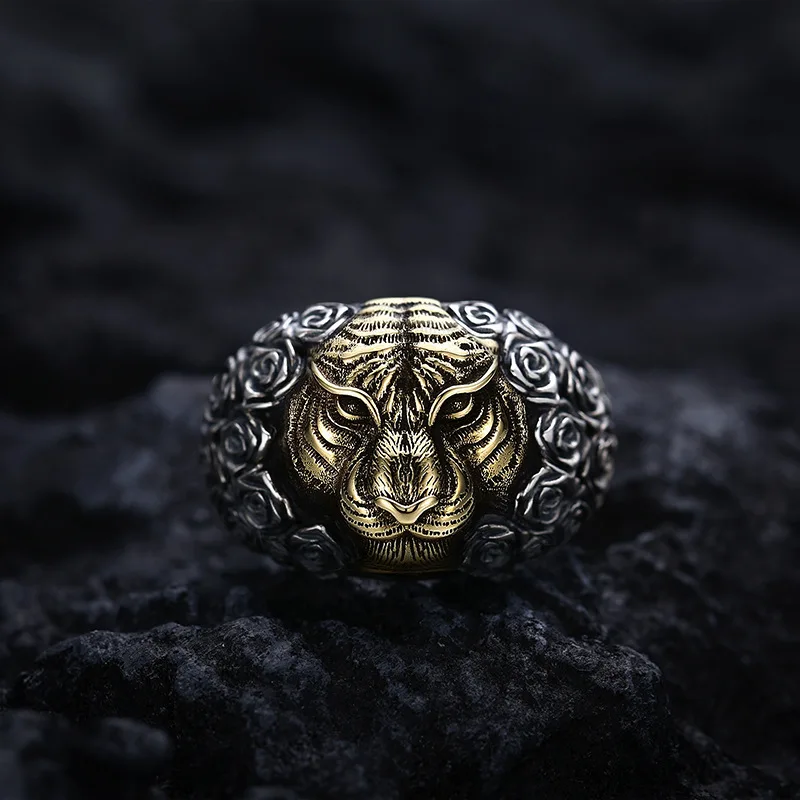 Tiger Year Zodiac Jewelry Pure Silver Tiger Head Ring Men's Trendy Chinese Style Index Finger Retro Old Thai Silver Ring