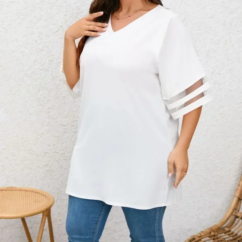 

Women’s Plus Size 1XL-5XL V-Neck Summer Loose Ladies Mesh Stitching 3/4 Sleeve Casual Holiday Blouse Tunic Shirts Tops