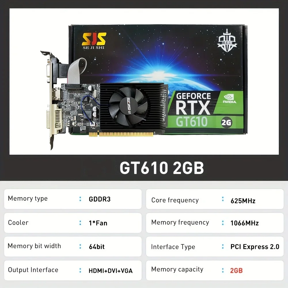 SEJISHI Scheda Video GeForce GT610 Display Schede Vga 2GB DDR3 64Bit Schede Grafiche NVIDIA Gioco PC GT 610 2GD3 HD DVI VGA PCI-E2