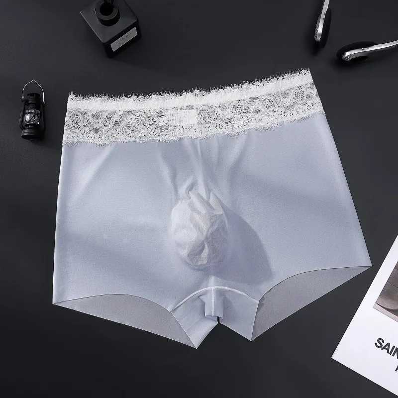 Calzoncillos Boxer Ultrafinos y Transpirables para Hombre, con Borde de Encaje, de Seda de Hielo, Sin Costuras, con Diseño U Convexo, Transparentes