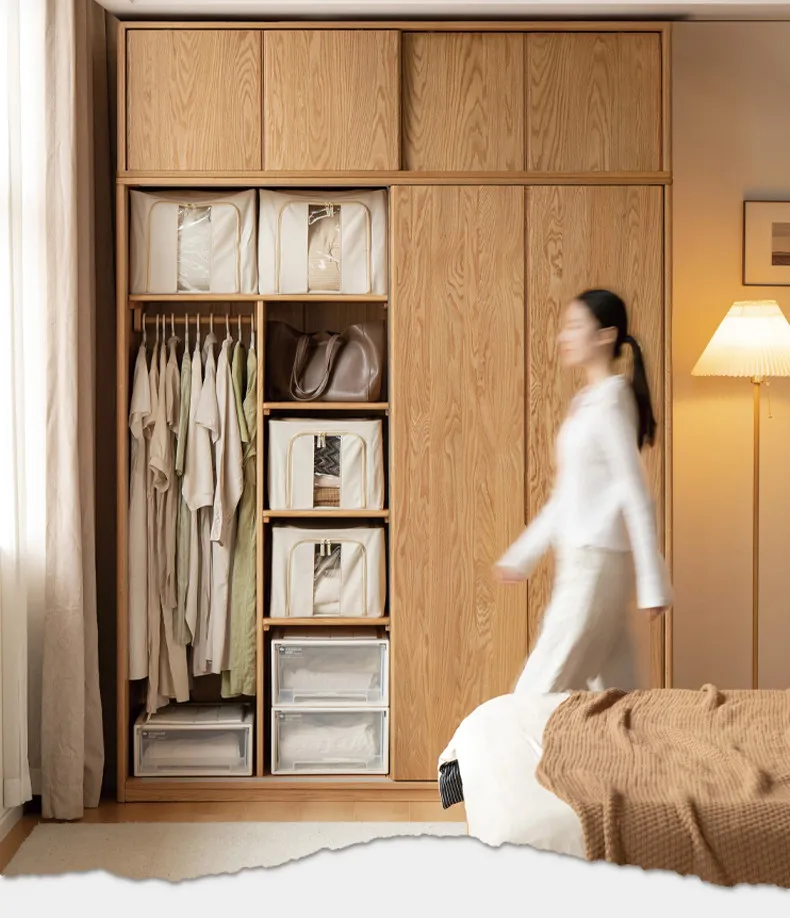 

PYJ solid wood wardrobe bedroom oak sliding door household Nordic sliding door wardrobe