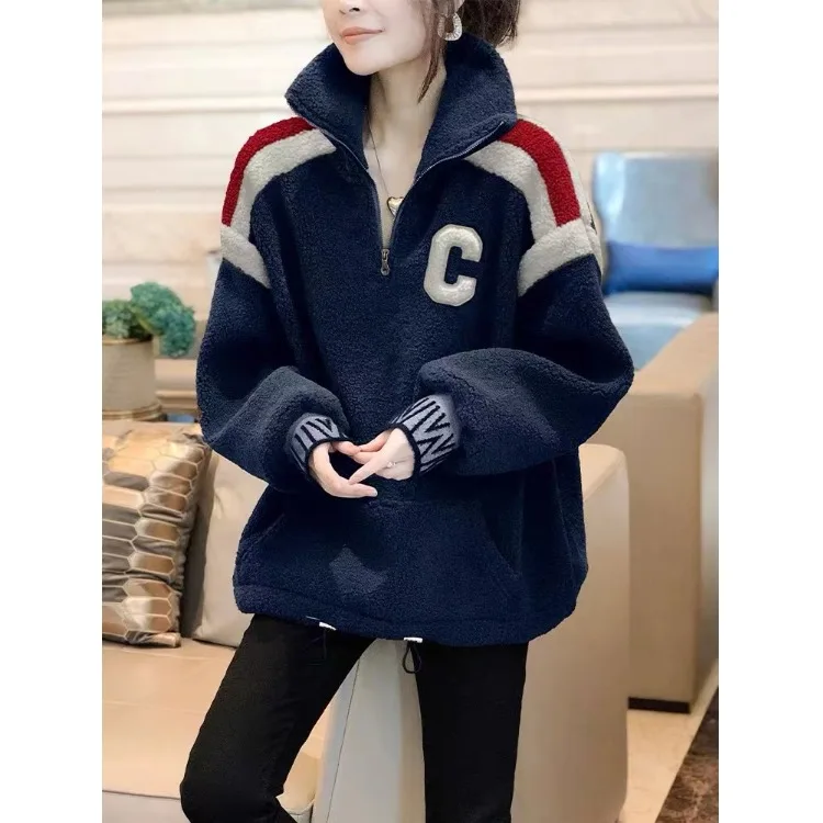 

Осень-зима 202, женская толстовка больших размеров с капюшоном Jaet Thiened, жилет из меха ягненка, подходит для женщин, модные для поездок на работу, на молнии...