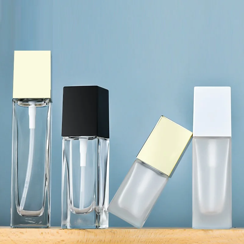 

50Pcs 15ml/30ml Empty Clear Frosted Square Glass Emulsion Essence Pump Bottle Cosmetic Foundation Travel Vials Containers Holder