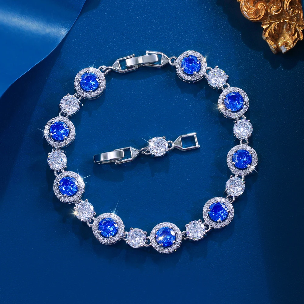 ThreeGraces Creative Shiny Zirconia and Synthetic Tanzanite Round Shape Bridal Party Link Chain Bracelet for Women Jewelry BR440
