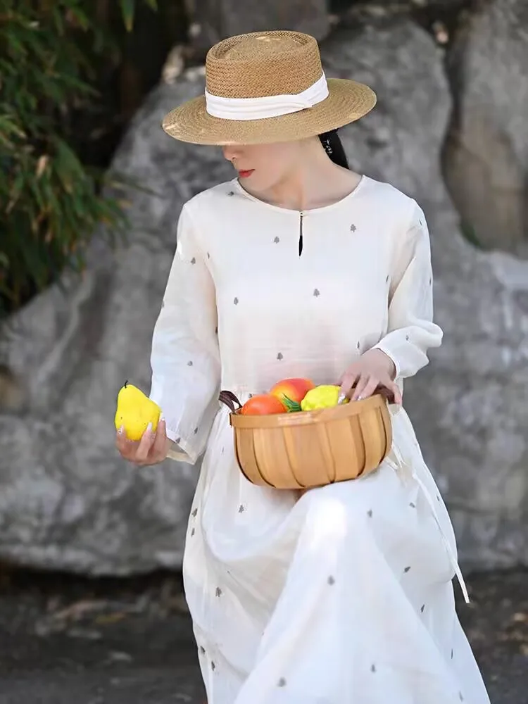 Novo verão algodão linho manga longa vestidos mulher o pescoço bordado solto impressão vestido vintage 2025 primavera confortável n667