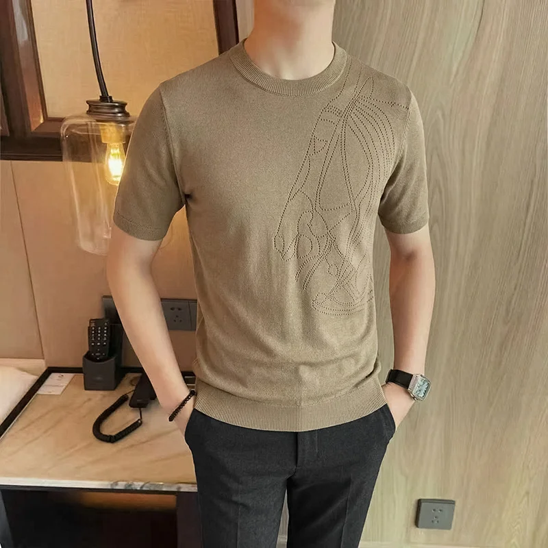 High-Quality Viscose Blend T Shirt For Men Short Sleeved Leisure Summer Stretchy Knitwear Jacquard Easy Care Camisetas De Hombre