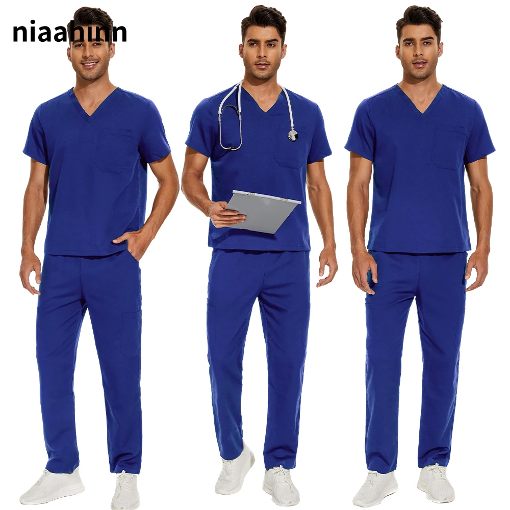 

Short Sleeve Mens Scrub Uniforms Doctor Overcoats Dentist Set Medical Tops Pants Man or Women Nurse Work Wear Lab Pharmacy Gown