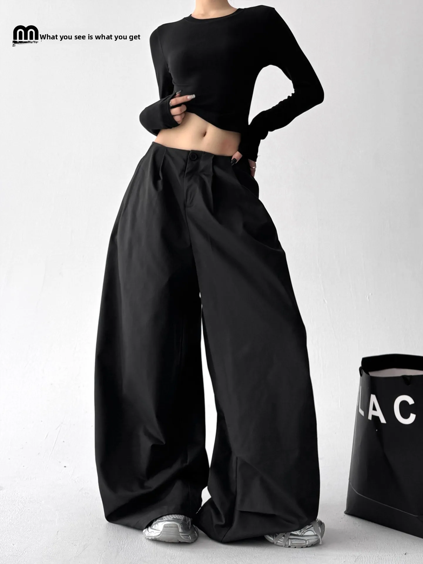 

Retro High Waist Bla Work Pants Women's Sport Street Dance Hiphop Wide Leg Pants Casual Straight Tube Trousers Autumn Faion