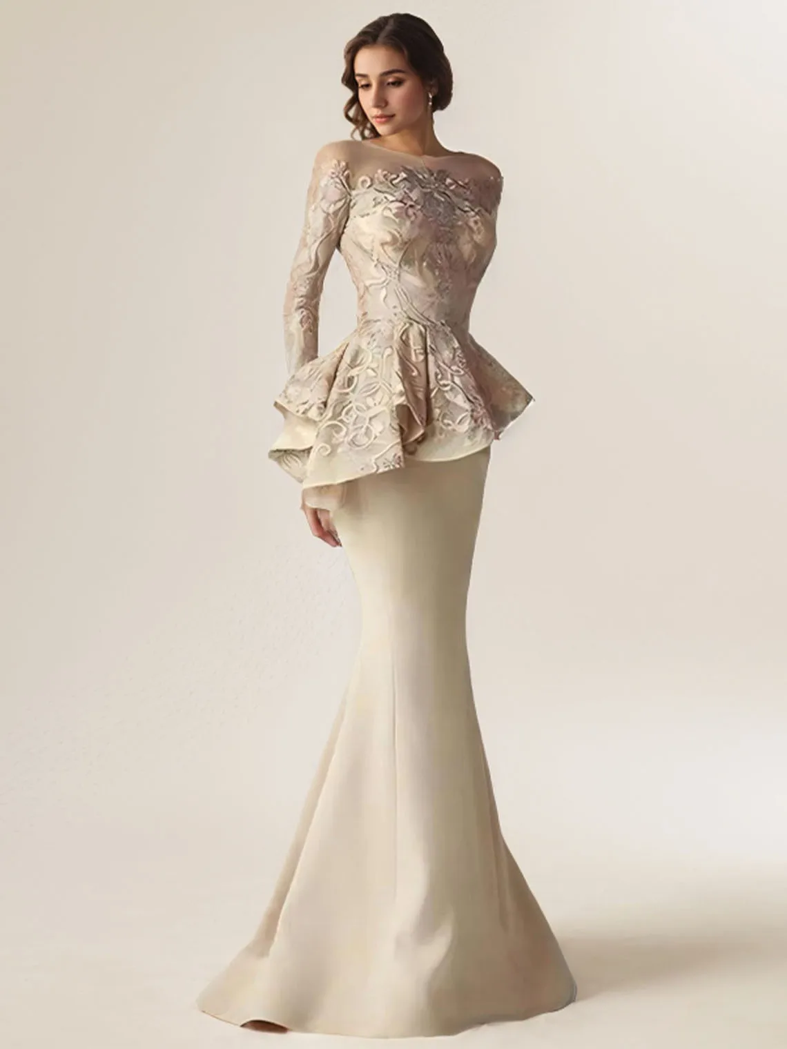 

Elegant Modern Mermaid Evening Dress Lace Long Sleeve Scoop Neck Appliques Ruffles Sweep Train Prom Gown 2025 Free Customized