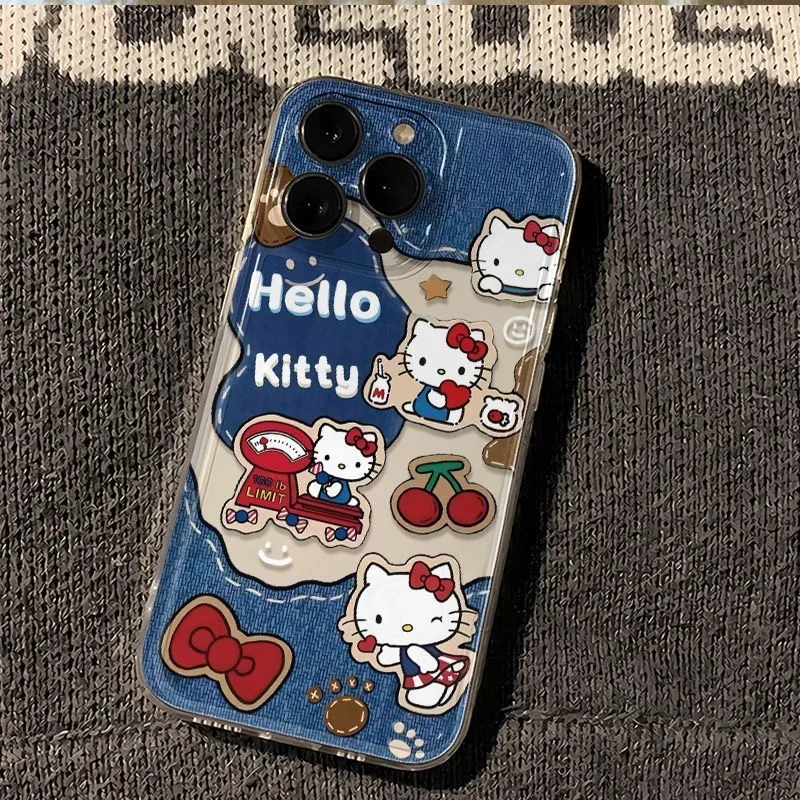 

Cute Cowboy Cherry Hello Kitty Anti Fall TPU Soft Phone Case For iPhone X XS XR 11 12 13 14 15 16 Pro Max Cartoon Milk KT Cover