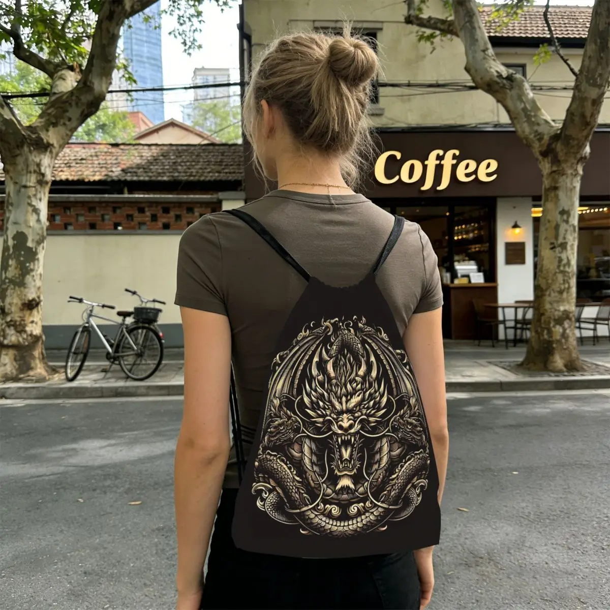 Golden Dragon Pattern Backpacks Portable Drawstring Bags Sports Bag Book Bags for Travel Students