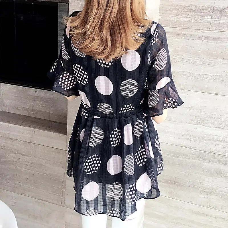 Casual Fashion Women\'s Polka Dot Print Chiffon Tops Summer New Korean Female Lacing Waist Butterfly Sleeve Loose O-Neck T-shirt