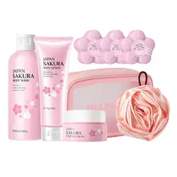 Cherry Bath Set Bath Travel Washing Set Body Moisturizing Set Bath Set Includes Scrub Shower Gel Bath Salt Bath Puff Body lotion