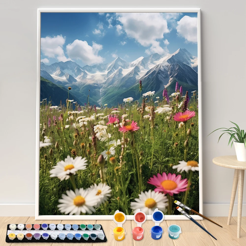 Acrylic Painting by Numbers Kit Hand Paint Daisies Under A Snow Mountain Landscape DIY Acrylic Artwork Canvas Art Gift Home